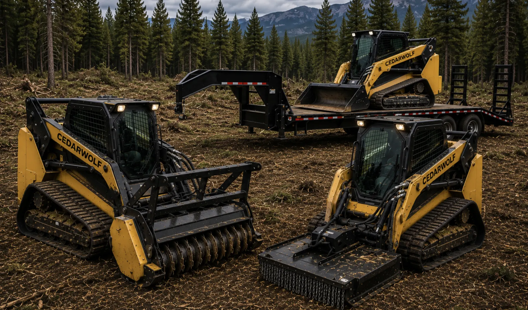 Tracked skid steer forestry mulchers for land clearing and brush removal
