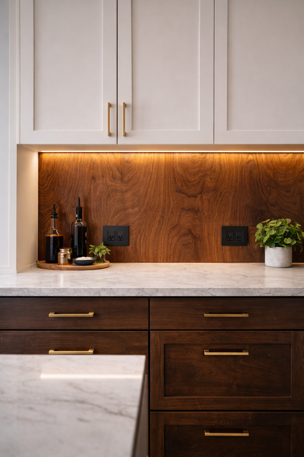 Kitchen renovation in Kelowna. Two-Tone Cabinets and Lighting. CedarWolf Build + Design.